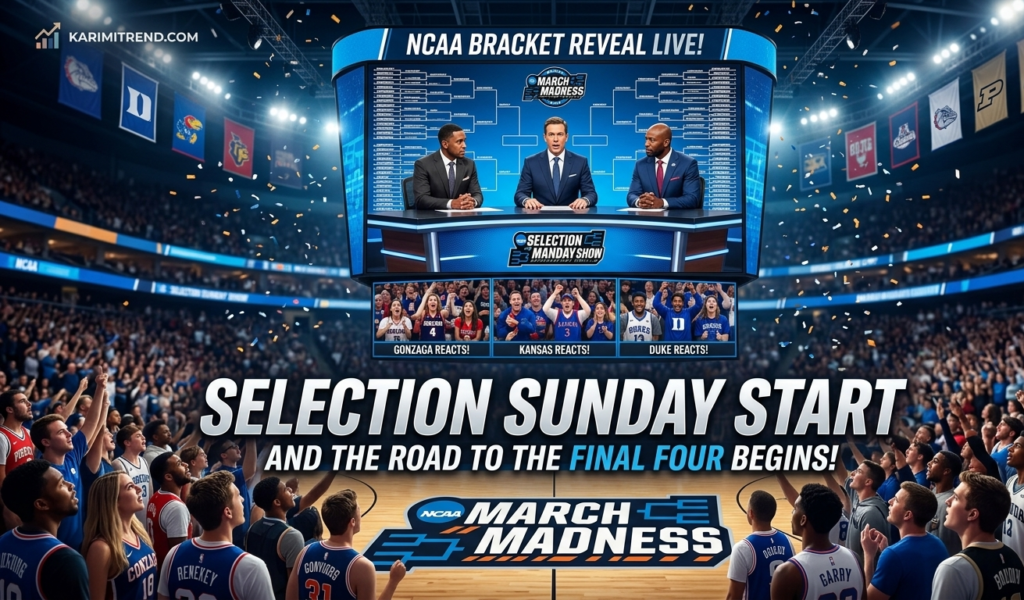 A vibrant stadium crowd celebrating "Selection Sunday" with a large digital screen showing the NCAA bracket reveal. The "karimitrend.com"