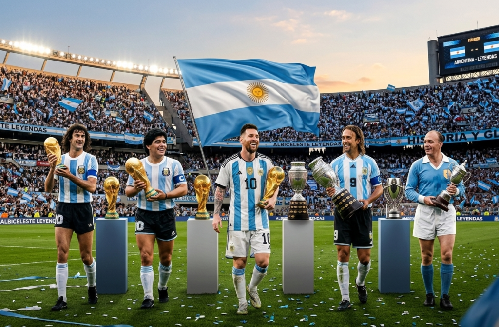 Argentina's top 5 football legends including Lionel Messi, Diego Maradona, Mario Kempes, Gabriel Batistuta, and Alfredo Di Stéfano, posing with World Cup and Copa América trophies in a packed stadium with the Argentina flag, featuring a karimitrend.com watermark. FIFA World Cup 2026 Blog