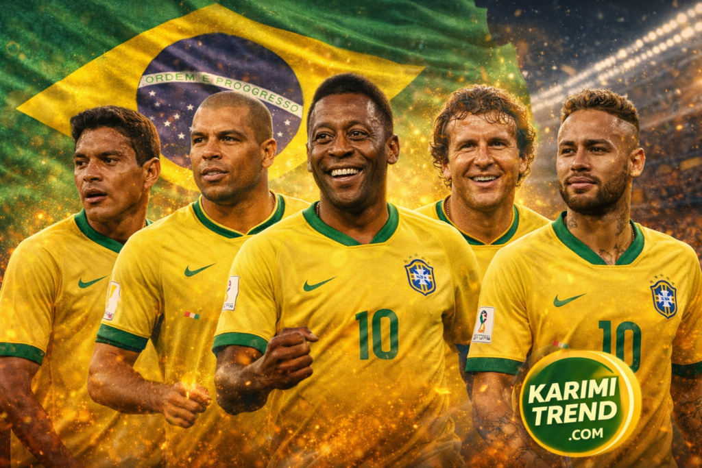 Five all-time greatest Brazil football players — Pelé, Ronaldo Nazário, Neymar, Zico, and Garrincha — standing in front of the Brazilian flag with a powerful football theme and KarimiTrend.com branding. FIFA World Cup 2026 Blog