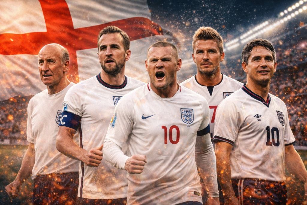 Five all-time greatest England football players — Bobby Charlton, Wayne Rooney, David Beckham, Harry Kane, and Gary Lineker — standing in front of the England flag in a powerful football-themed stadium design. FIFA World Cup 2026 Blog