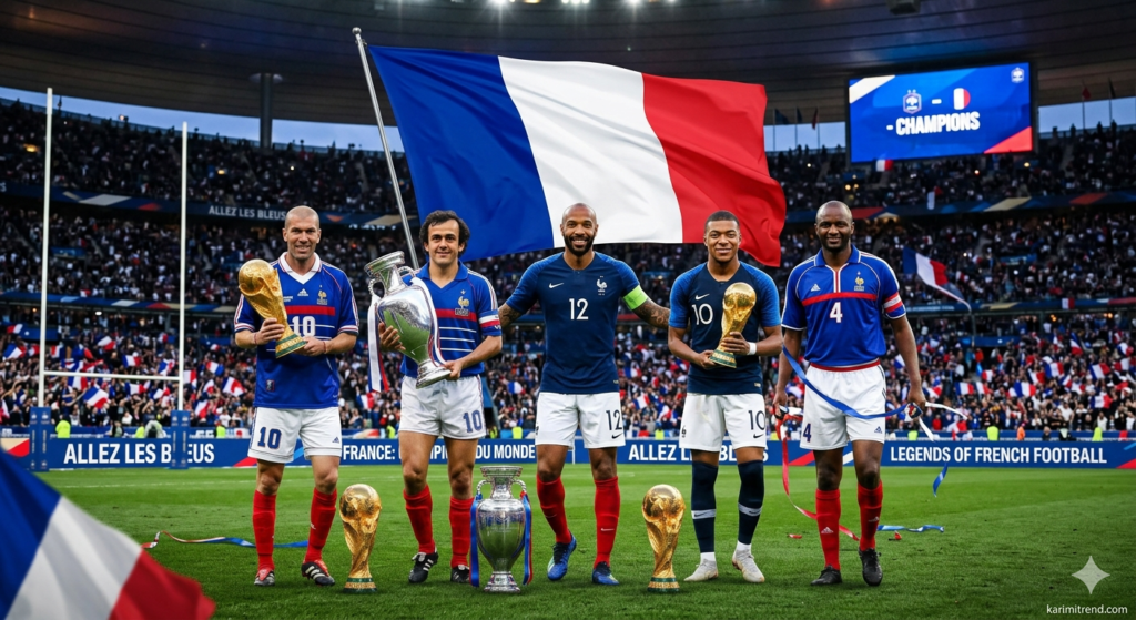 France's top 5 football legends including Zinedine Zidane, Michel Platini, Thierry Henry, Kylian Mbappé, and Patrick Vieira, standing in a stadium with World Cup and Euro trophies against a large French flag, with karimitrend.com mentioned in the corner. FIFA World Cup 2026 Blog