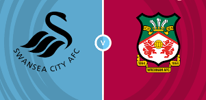 Football Wrexham vs Football Swansea match preview image showing both teams’ logos and rivalry atmosphere