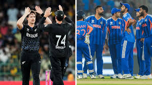 T20 World Cup 2026 final showdown: India captain Suryakumar Yadav and New Zealand captain Mitchell Santner face off on a vibrant stadium background with ICC T20 trophy in center.