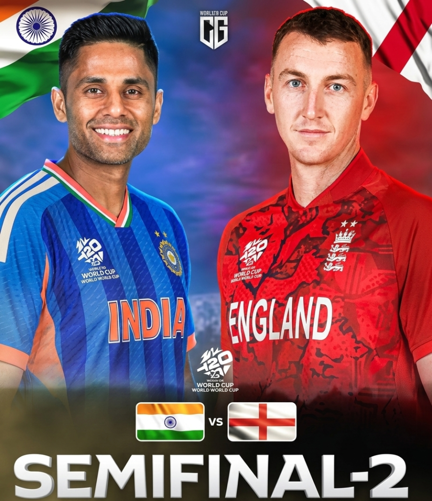 split vertically with a blue background on the left and a red one on the right. On the left, Indian cricket player is featured in a blue jersey with 'INDIA' and 'T20' logos. Above him is the Indian flag. On the right, an English cricket player wears a red jersey with 'ENGLAND' and the T20 logo. Above him is the English flag