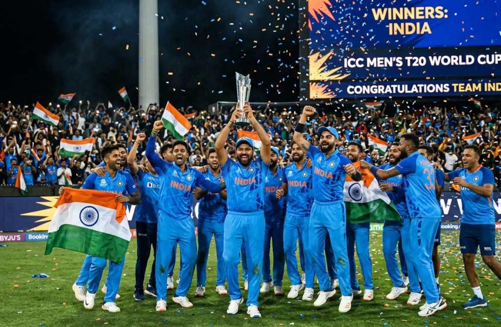 India national cricket team celebrating victory after defeating New Zealand in the 2026 T20 World Cup Final
