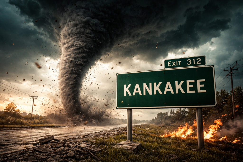 Kankakee Illinois tornado forming near highway sign during severe storm with dark clouds and flying debris