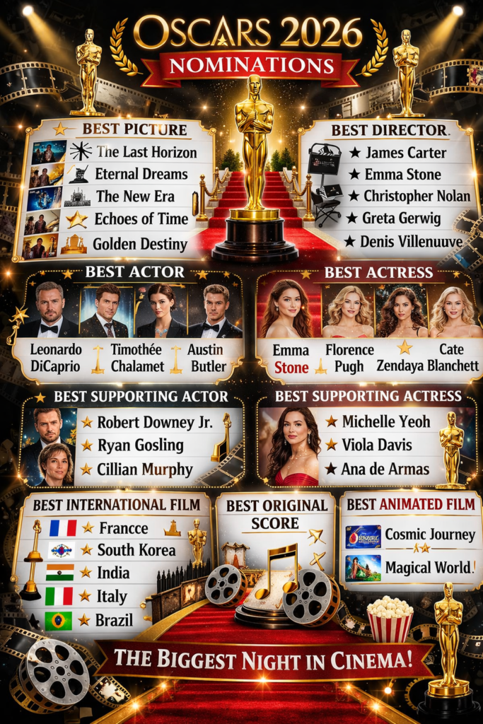 Oscars 2026 nominations poster featuring an Oscar statuette at the center, surrounded by categories like Best Picture, Best Actor, Best Actress, Best Director, and other major awards, presented in a dramatic gold-and-red theme with spotlights and film-inspired graphics.