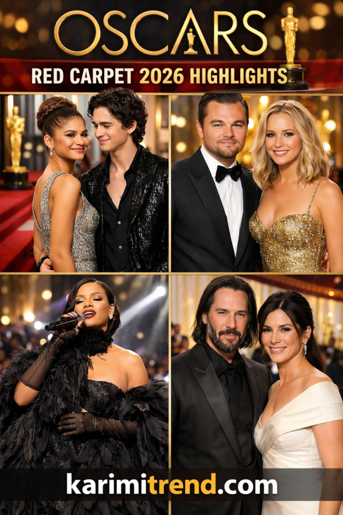 Oscars Red Carpet 2026 Highlights digital collage featuring celebrities on the red carpet with golden Oscar theme