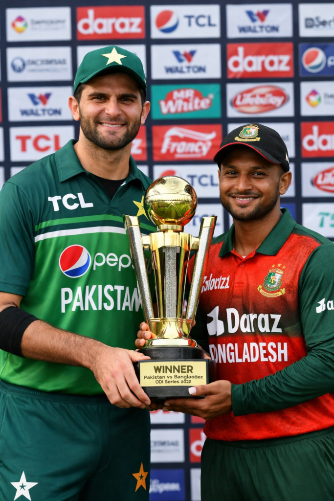 Shaheen Shah Afridi holds the trophy high after Pakistan’s win against Bangladesh in the 2026 ODI series Pak v ban 2026-odi , with the Bangladesh captain standing beside him on the field. The image captures the excitement of the crowd, the sportsmanship between teams, and the victorious moment for Pakistan cricket.