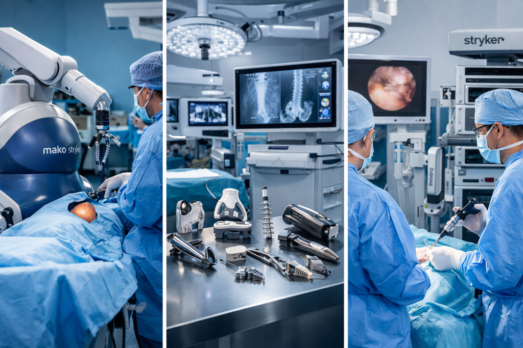 Stryker medical devices in modern operating room showing robotic-assisted surgery, orthopedic implants, and endoscopic systems used by surgeons
