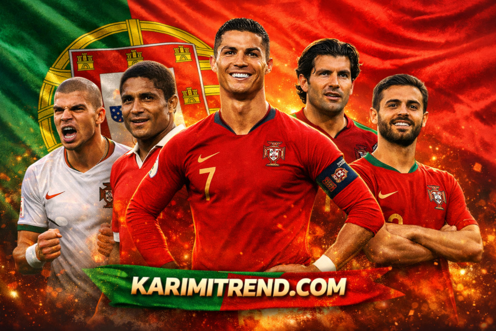 Five legendary Portugal football players — Cristiano Ronaldo, Eusebio, Luis Figo, Pepe, and Bernardo Silva — standing together in front of the Portuguese flag.
