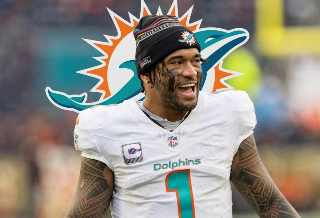 Miami Dolphins Quarterback Tua Tagovailoa smiling on the field in a white jersey, with the Dolphins sunburst logo layered behind him."