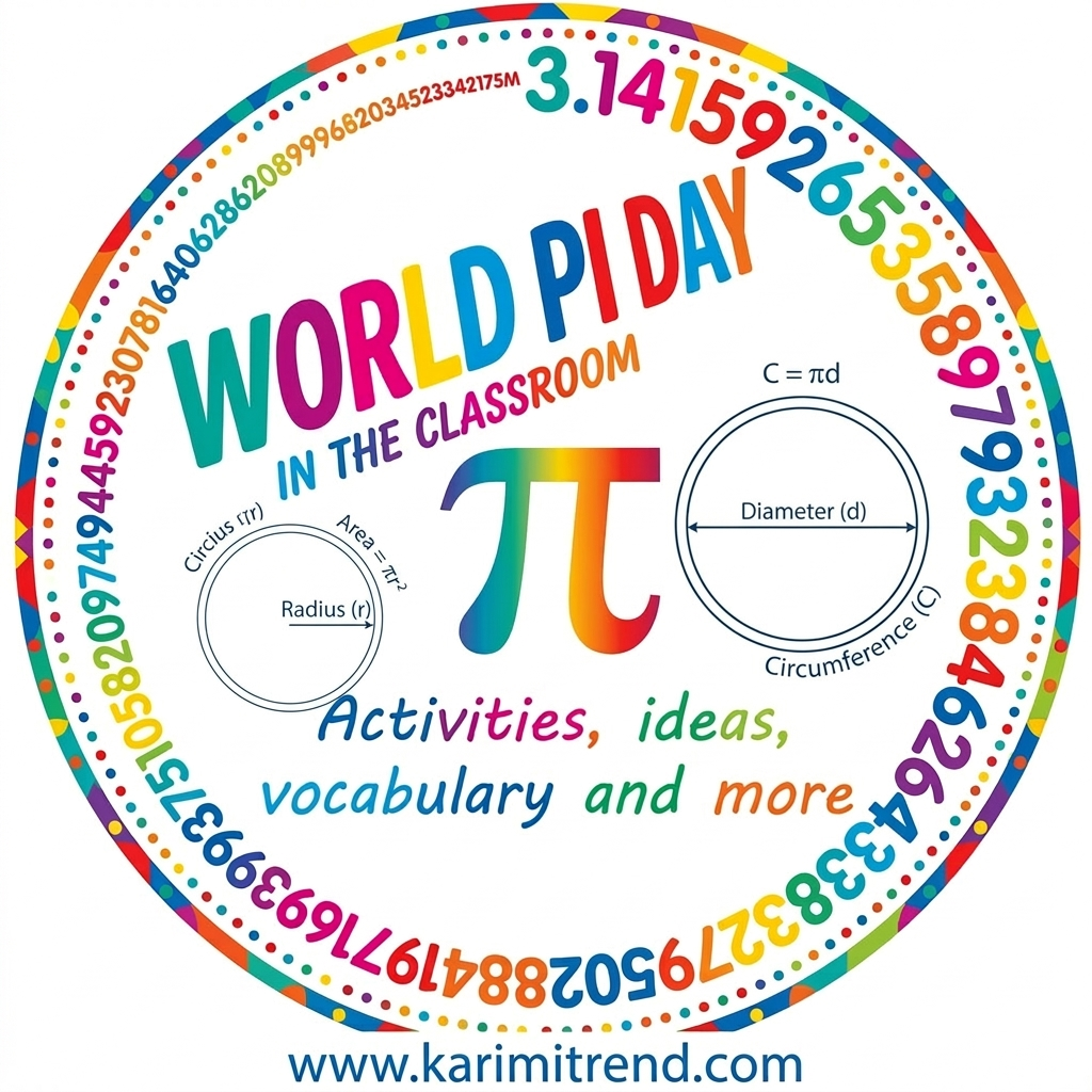 Celebración del Día del Número Pi el 14 de marzo con símbolos matemáticos y diseño temático de Pi.