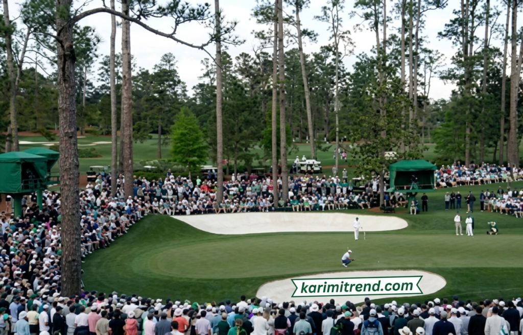 Golf tournament in progress at a packed stadium with large audience watching a professional golf match during The Masters 2026 event