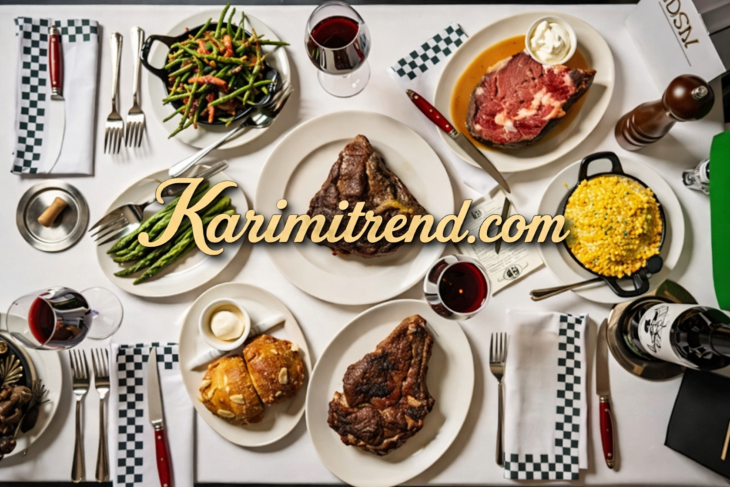 Luxury steak dinner table with Karimitrend.com text, featuring gourmet food, wine, and elegant dining setup
