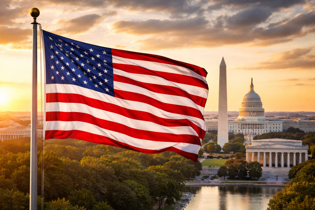 American flag waving in front of Washington DC landmarks including the Capitol and Washington Monument during sunset